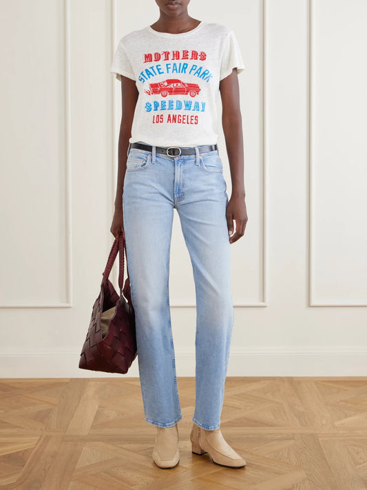 Image of a model wearing Tops. Product name - The Lil Sinful Printed Cotton And Linen-blend Jersey T-shirt in White colour by brand - Mother