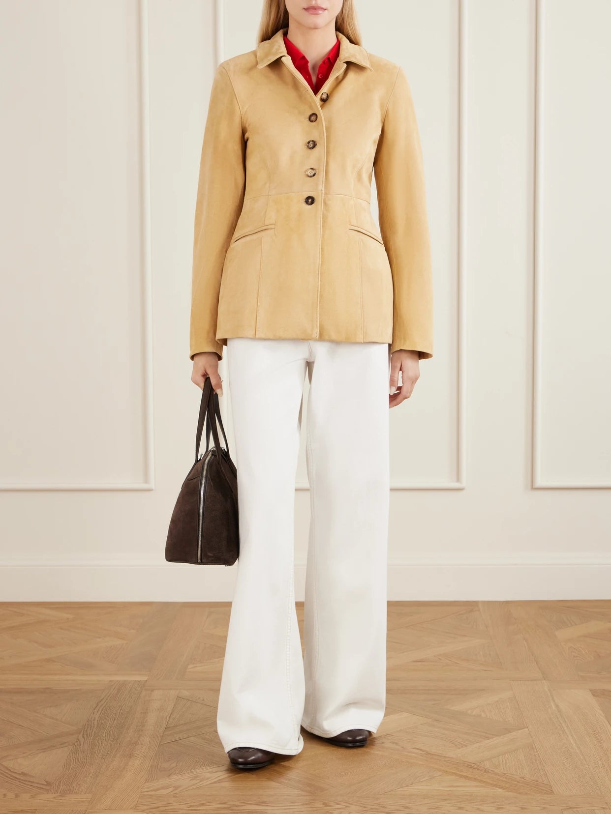 Image of Coats & Jackets. Product name - The Barclay Suede Jacket in Tan colour by brand - RÙADH
