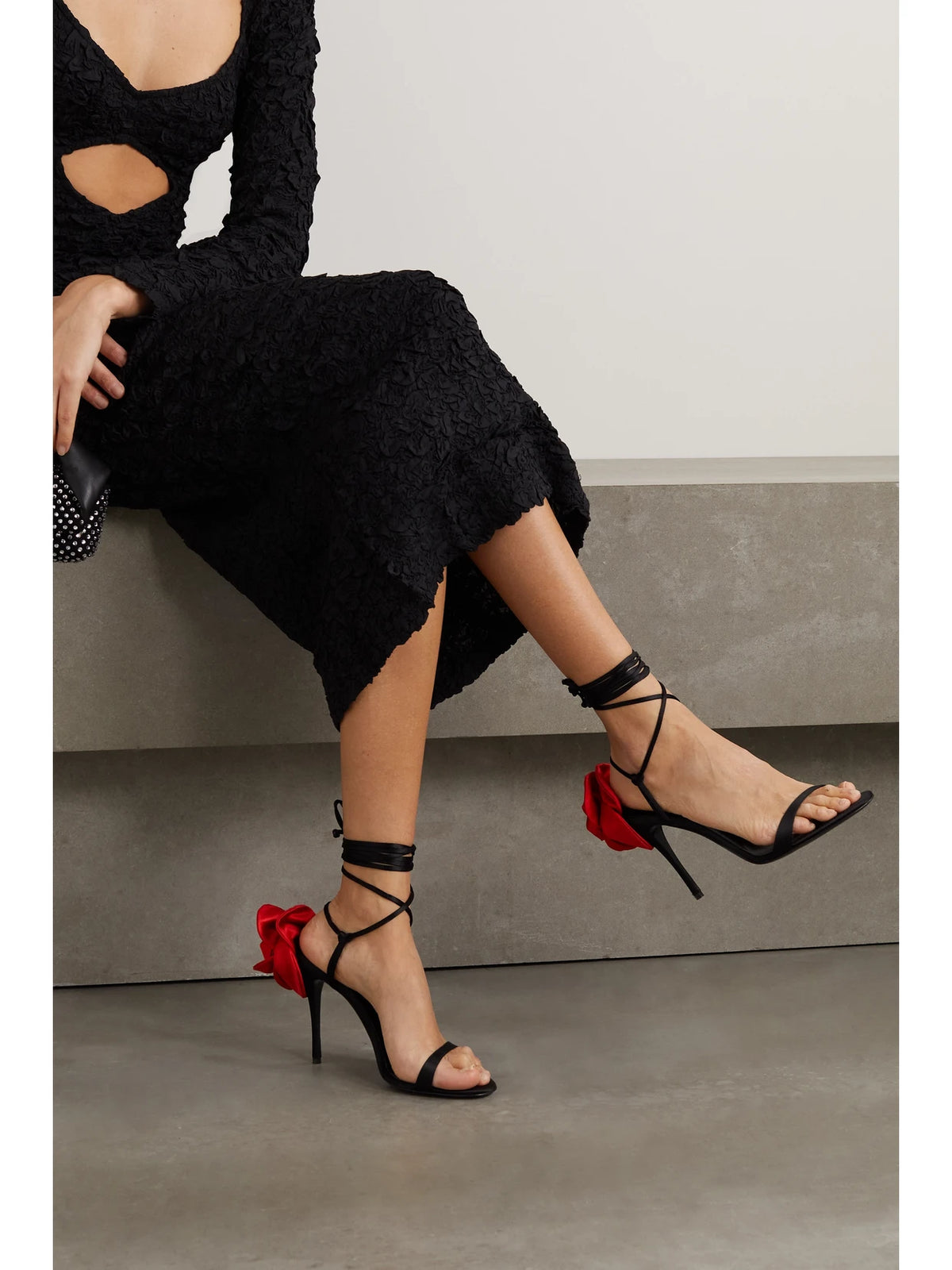 Appliquéd Lace-up Satin Sandals