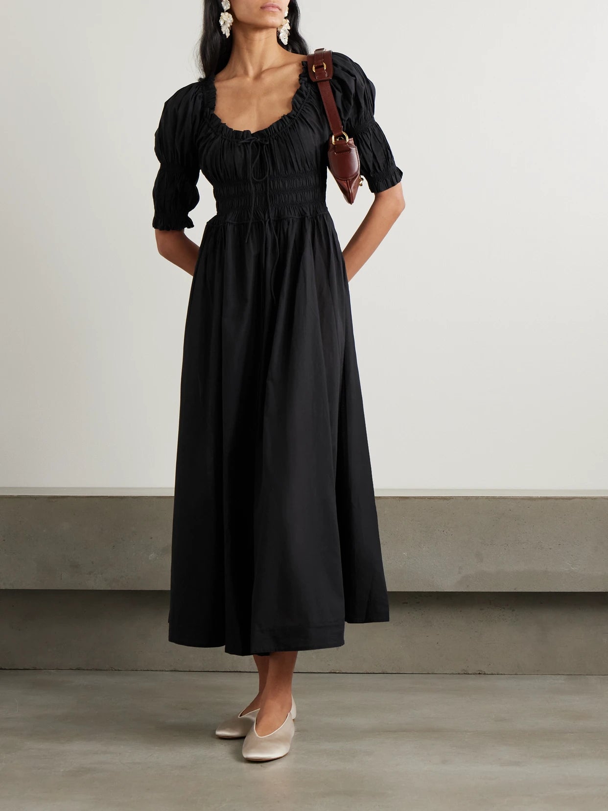Image of Dresses. Product name - Ischia Shirred Organic Cotton-voile Midi Dress in Black colour by brand - DÔEN
