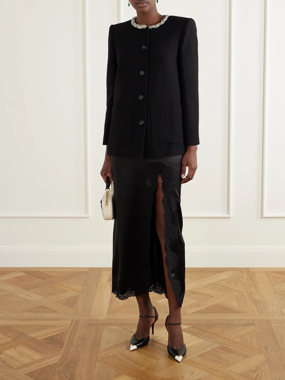 Image of Coats & Jackets. Product name - Embellished Virgin Wool Jacket in Black colour by brand - Valentino Garavani