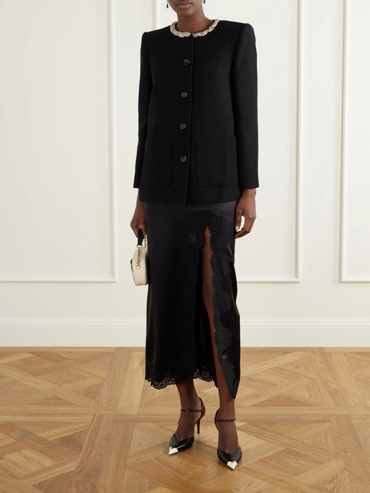 Image of Coats & Jackets. Product name - Embellished Virgin Wool Jacket in Black colour by brand - Valentino Garavani