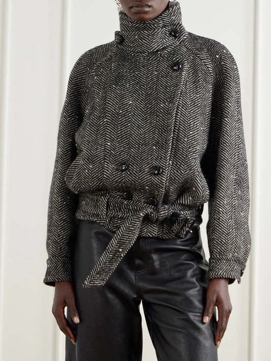 ISABEL MARANT Elvane Belted Herringbone Wool-blend Coat