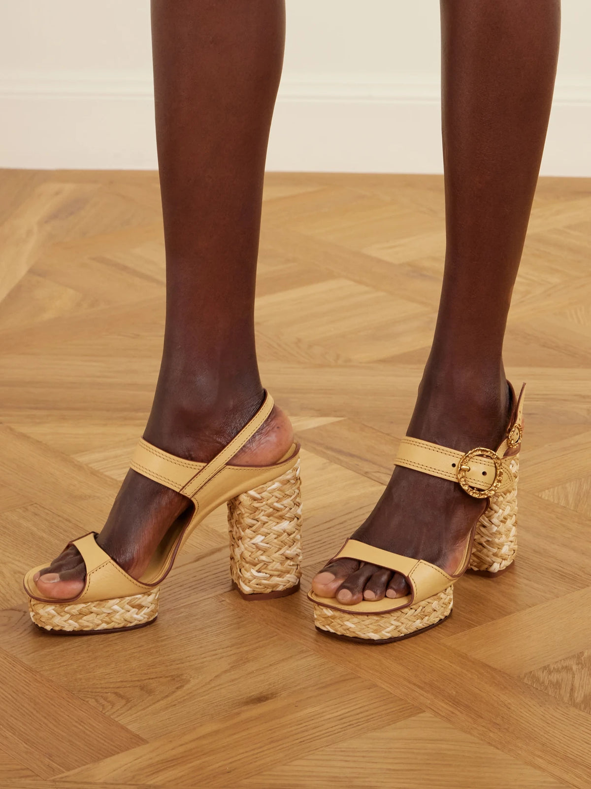 Solena Raffia-trimmed Leather Platform Sandals