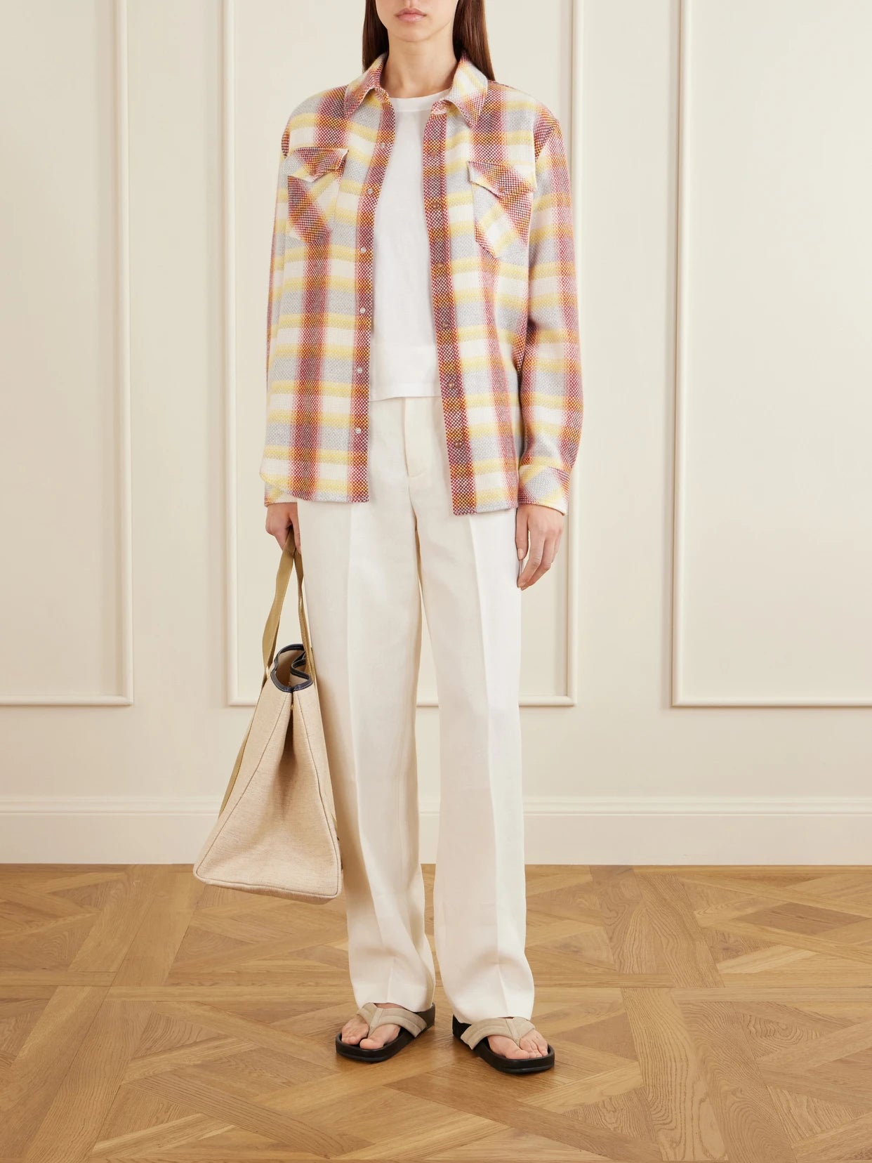 Image of a model wearing Tops. Product name - Rose Blume Checked Cashmere Shirt in Orange colour by brand - God's True Cashmere