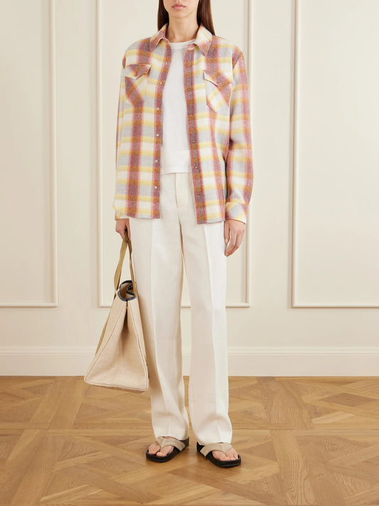 Image of a model wearing Tops. Product name - Rose Blume Checked Cashmere Shirt in Orange colour by brand - God's True Cashmere