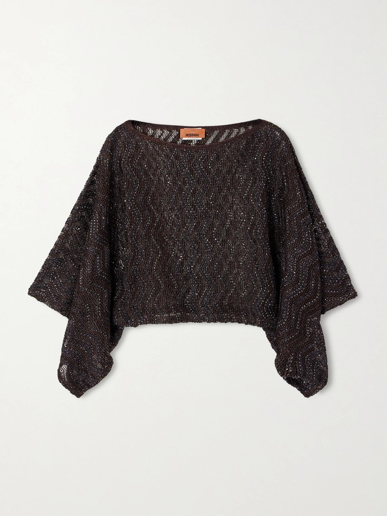 Image of a model wearing Tops. Product name - Mare Cropped Sequin-embellished Crochet-knit Top in Brown colour by brand - Missoni