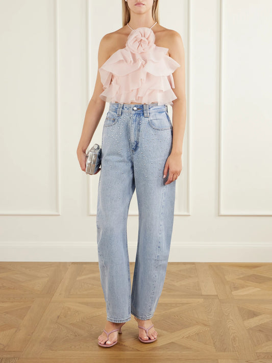 Image of a model wearing Tops. Product name - Villa Ruffled Flower-detailed Organza Tank in Baby pink colour by brand - Aje