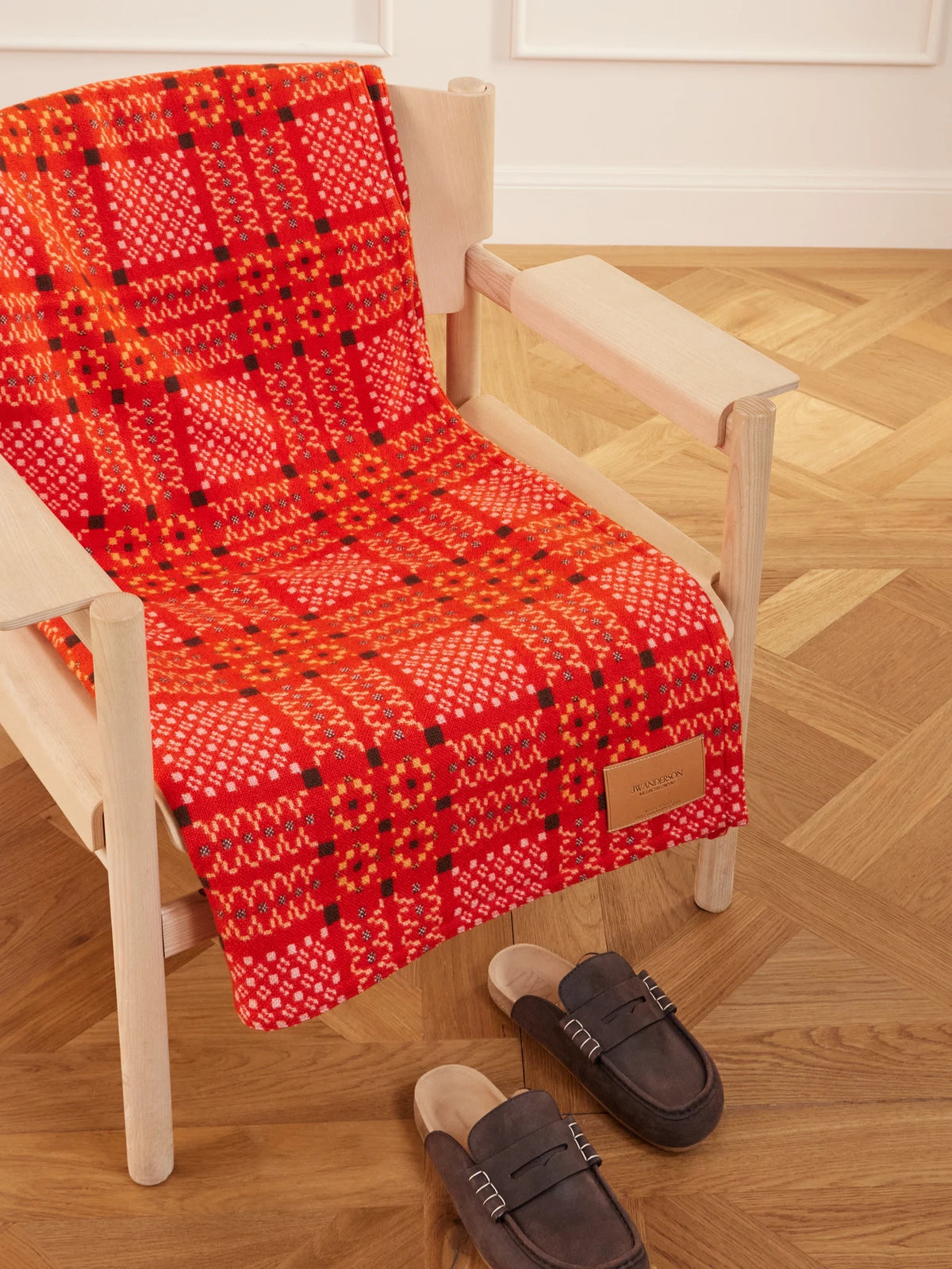 Image of Chair & Sofa Cushions. Product name - + Melin Tregwynt Wool Jacquard Blanket in Tomato red colour by brand - JW Anderson