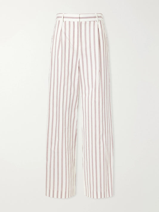 Image of a model wearing Pants. Product name - Hudson St Pleated Striped Cotton And Silk-blend Wide-leg Pants in White colour by brand - TWP