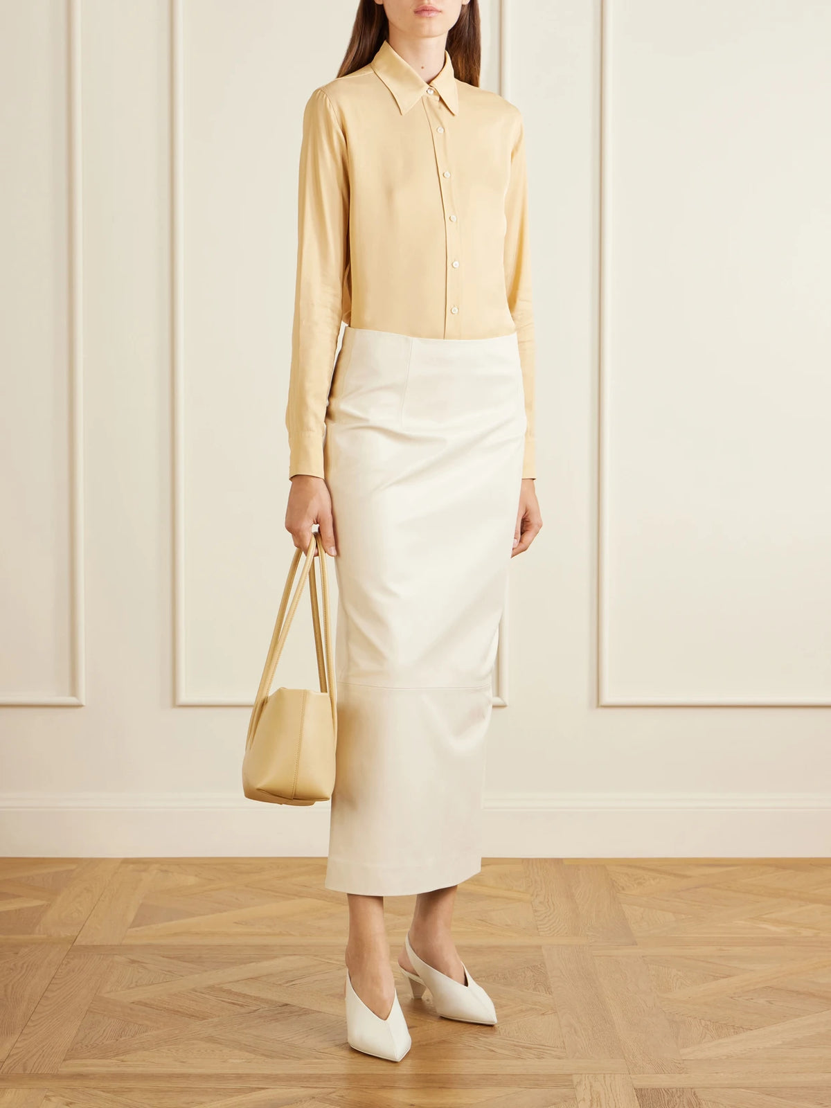 Image of a model wearing Tops. Product name - Satin Shirt in Multi colour by brand - Jil Sander
