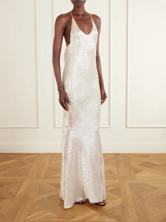 Image of Dresses. Product name - Metallic Silk-blend Lamé Maxi Dress in Gold colour by brand - TOM FORD