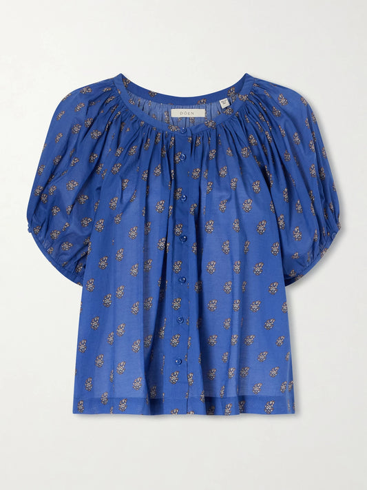 Image of a model wearing Tops. Product name - June Floral-printed Cotton Top in Blue colour by brand - DÔEN