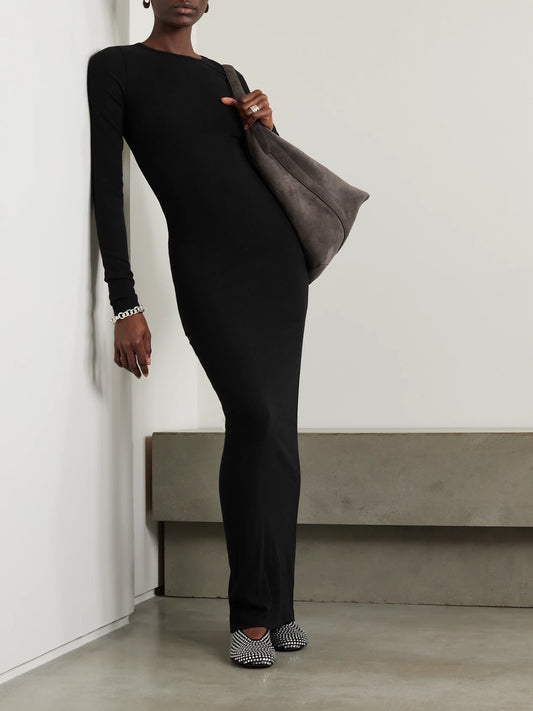 Image of Dresses. Product name - Ribbed Stretch-jersey Maxi Dress in Black colour by brand - ÉTERNE