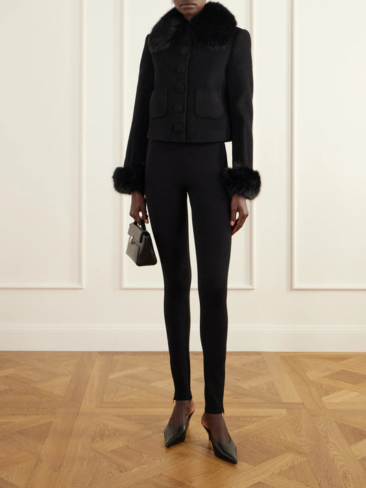 Image of Coats & Jackets. Product name - Cropped Plush-trimmed Wool-blend Jacket in Black colour by brand - Self-Portrait