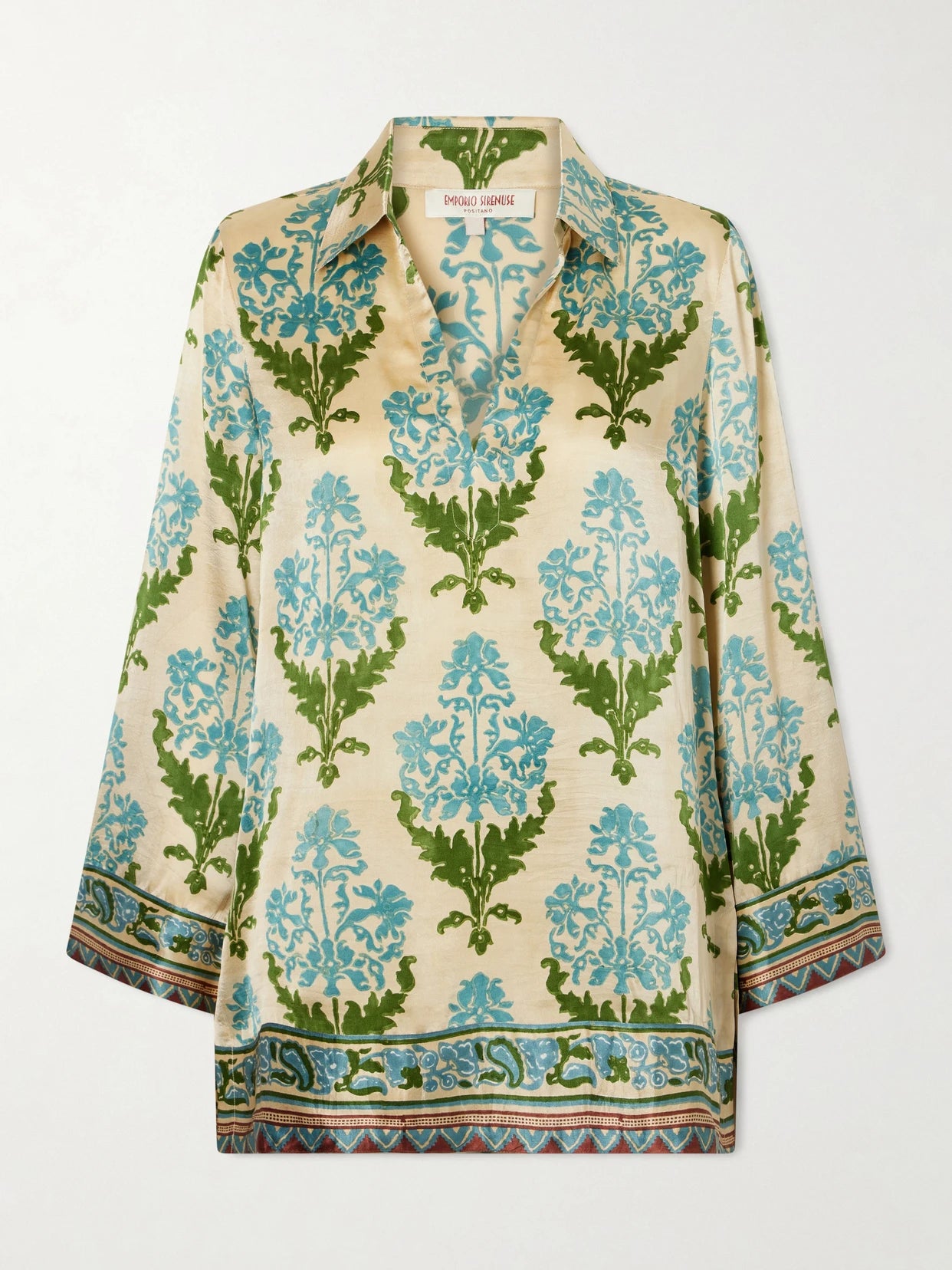 Image of a model wearing Tops. Product name - Jila Three Floral-print Silk-satin Shirt in Green colour by brand - Emporio Sirenuse