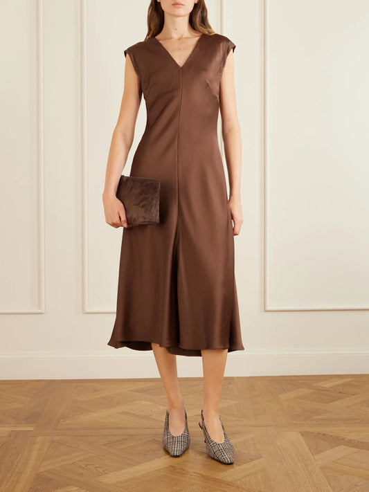 Image of Dresses. Product name - Bead-embellished Satin Midi Dress in Dark brown colour by brand - Brunello Cucinelli