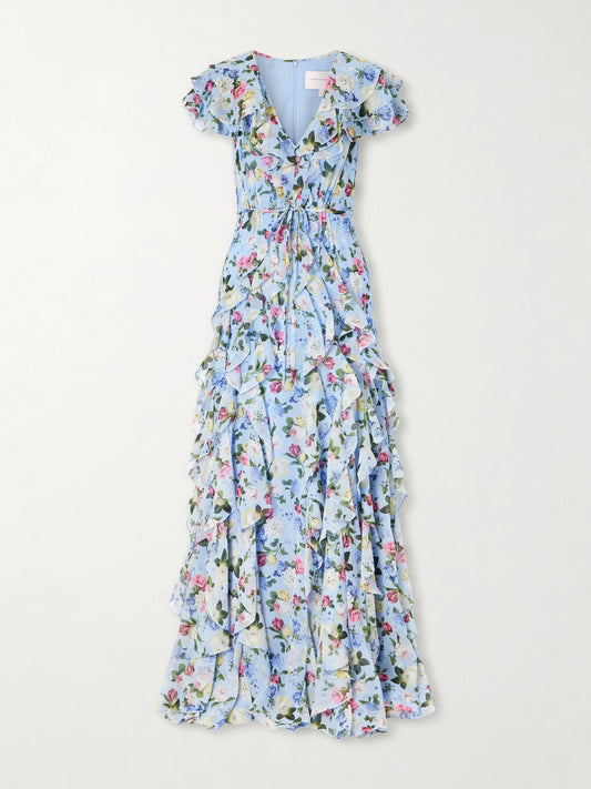 Image of Dresses. Product name - Ruffled Floral-printed Silk Chiffon Gown in Blue colour by brand - Carolina Herrera
