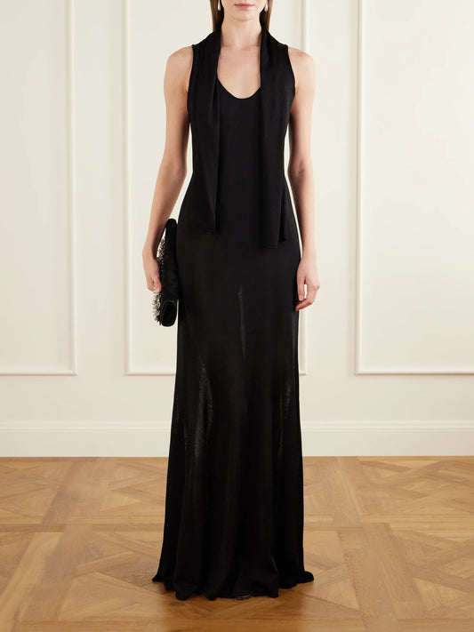 Image of Dresses. Product name - The Siena Scarf-detailed Stretch-jersey Gown in Black colour by brand - Brandon Maxwell