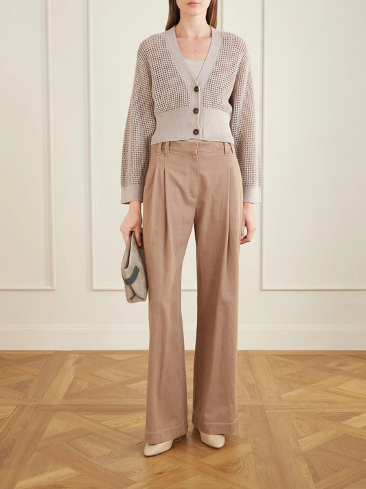 Image of a model wearing Outerwear. Product name - Sequin-embellished Open-knit Cotton-blend Cardigan in Beige colour by brand - Brunello Cucinelli