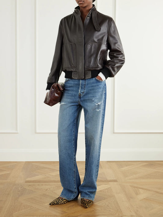 Image of Jeans. Product name - Saint Boyfriend Distressed Mid-rise Straight-leg Jeans in Mid denim colour by brand - ÉTERNE