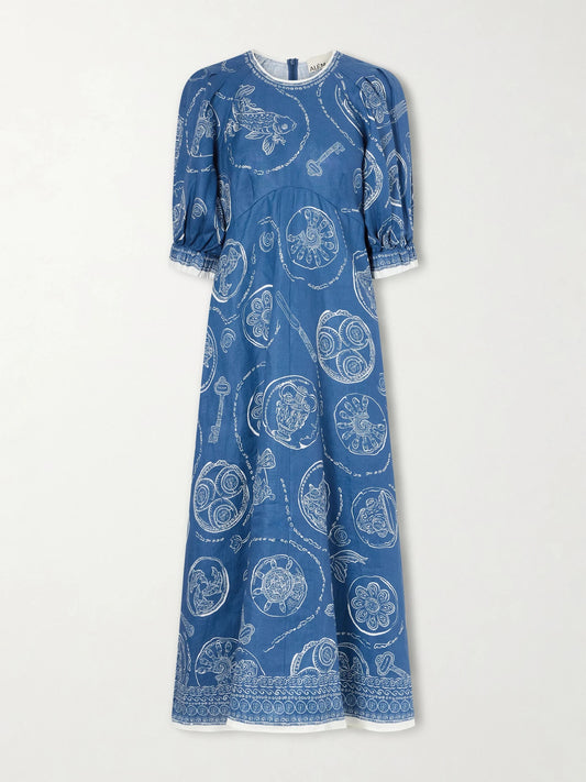 Image of Dresses. Product name - Lucky Printed Linen Midi Dress in Blue colour by brand - ALÉMAIS