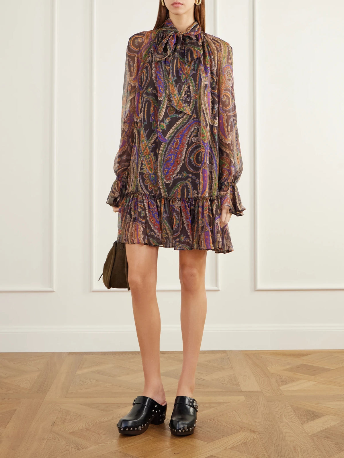 Image of Dresses. Product name - Pussy-bow Gathered Paisley-print Silk-chiffon Mini Dress in Multi colour by brand - Etro
