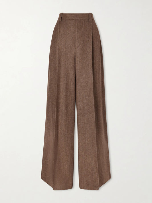 Image of a model wearing Pants. Product name - Pleated Pinstriped Wool And Cashmere-blend Wide-leg Pants in Brown colour by brand - Loro Piana