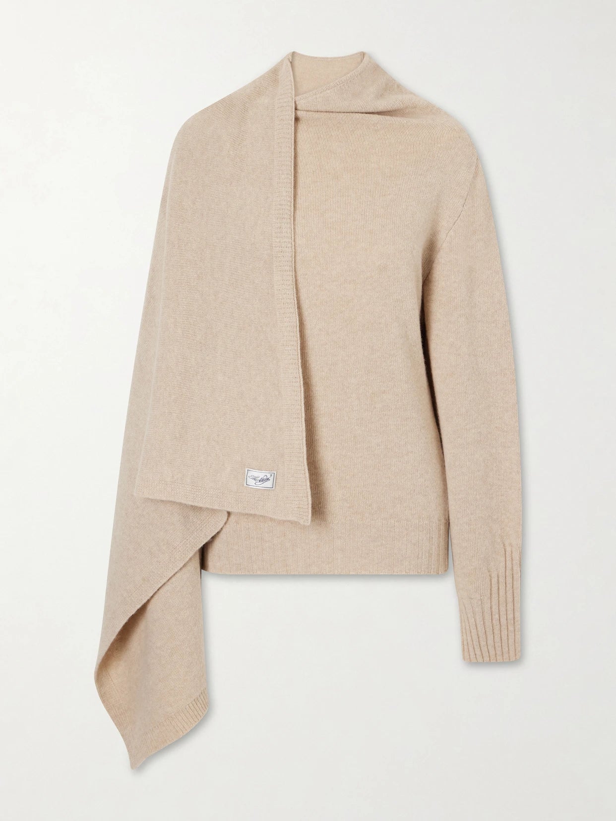 Image of a model wearing Outerwear. Product name - Draped Wool Sweater in Beige colour by brand - The Attico
