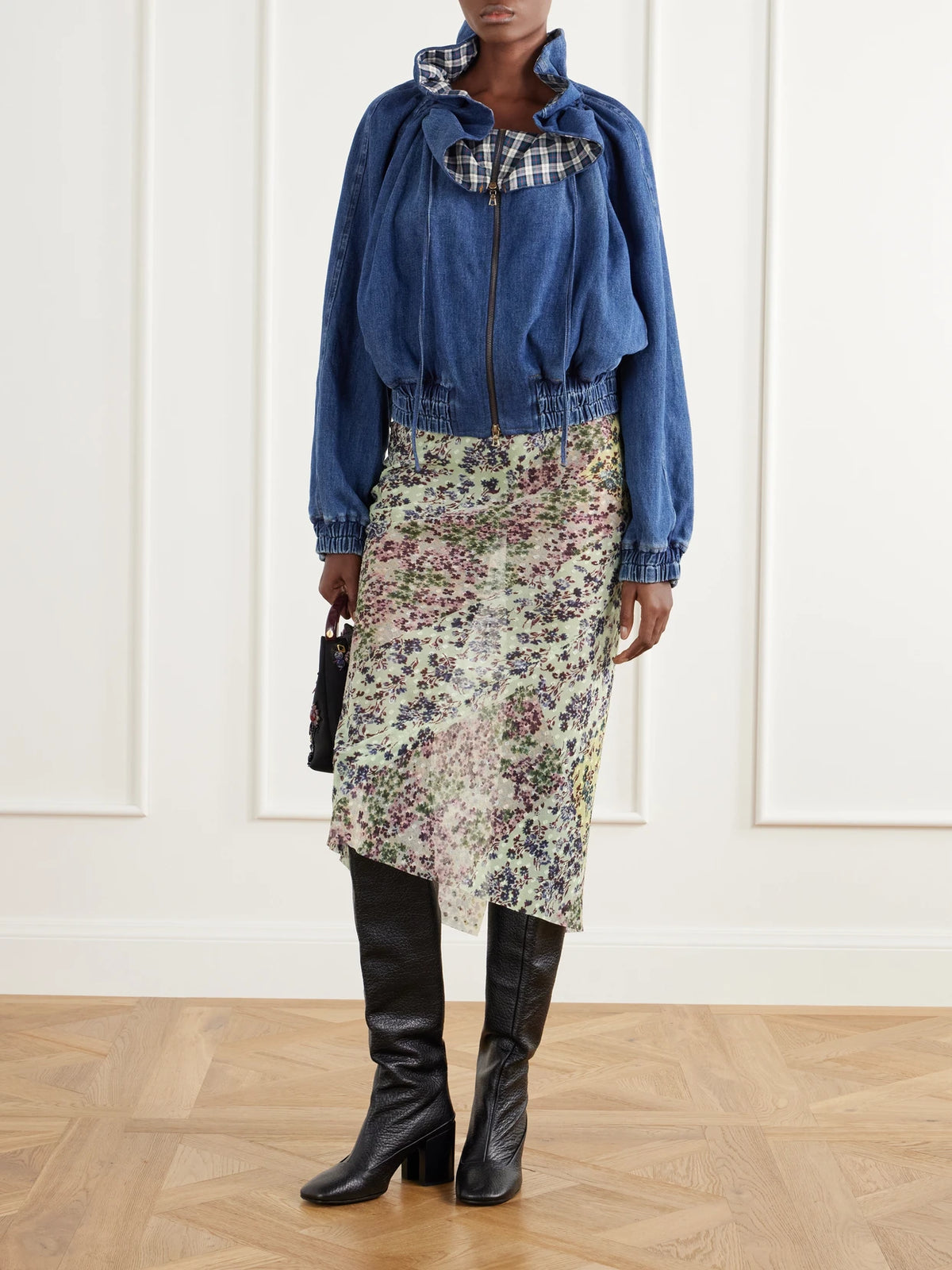 Image of Coats & Jackets. Product name - Gathered Denim Jacket in Mid denim colour by brand - Dries Van Noten