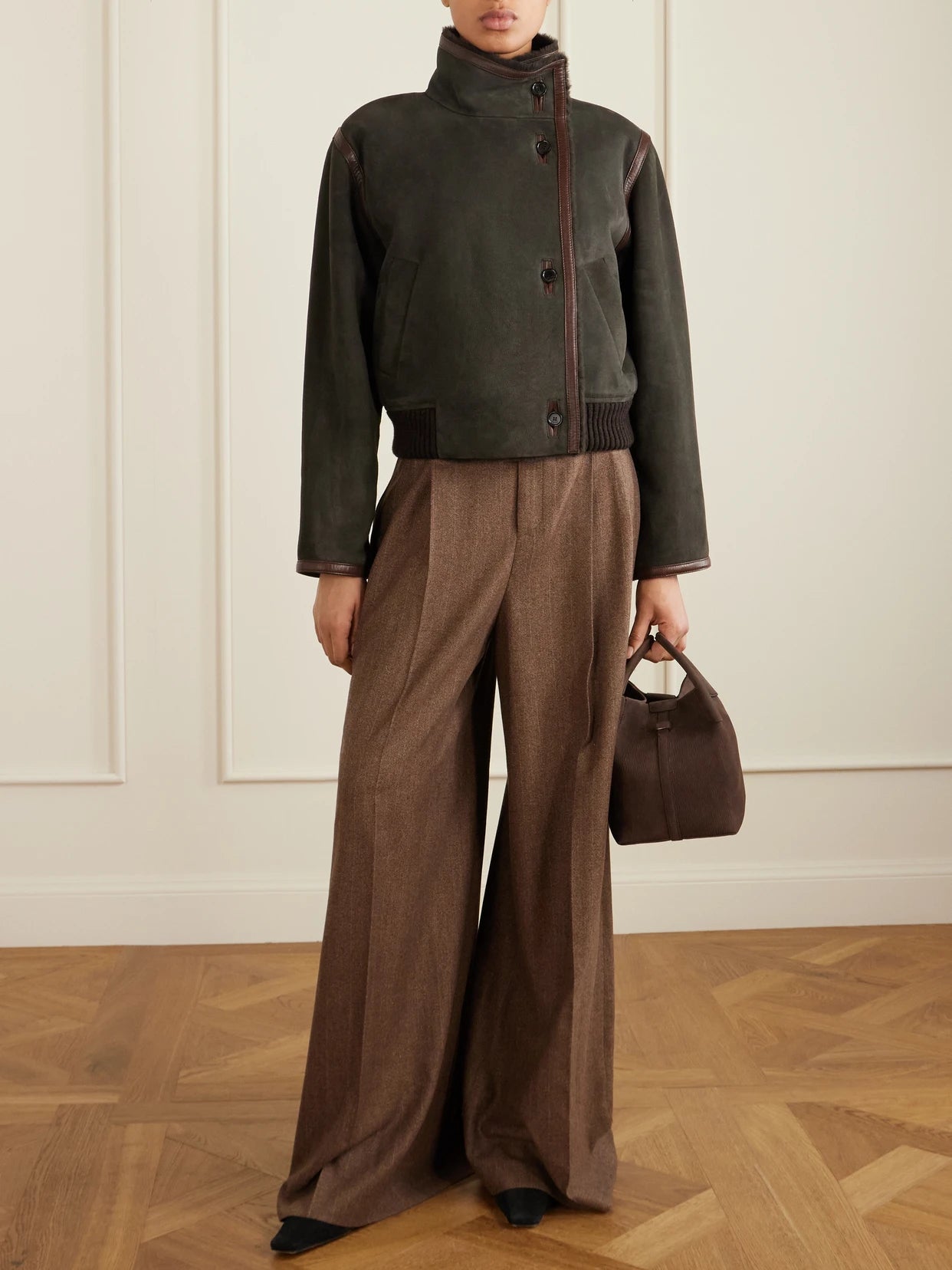 Image of Coats & Jackets. Product name - Jekel Leather-trimmed Shearling-lined Suede Jacket in Dark brown colour by brand - Loro Piana