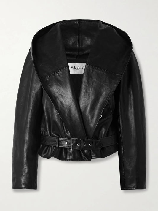 Image of Coats & Jackets. Product name - Hooded Leather Biker Jacket in Black colour by brand - Alaïa