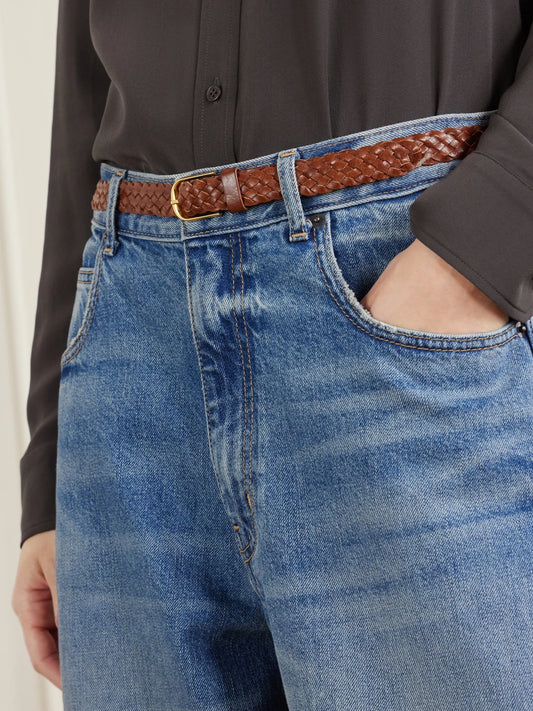 Image of Belts. Product name - Braided Jane Leather Belt in Brown colour by brand - Nili Lotan