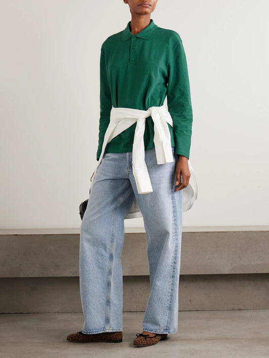 Image of a model wearing Tops. Product name - Diana Organic Cotton-piqué Polo Shirt in Green colour by brand - FLORE FLORE