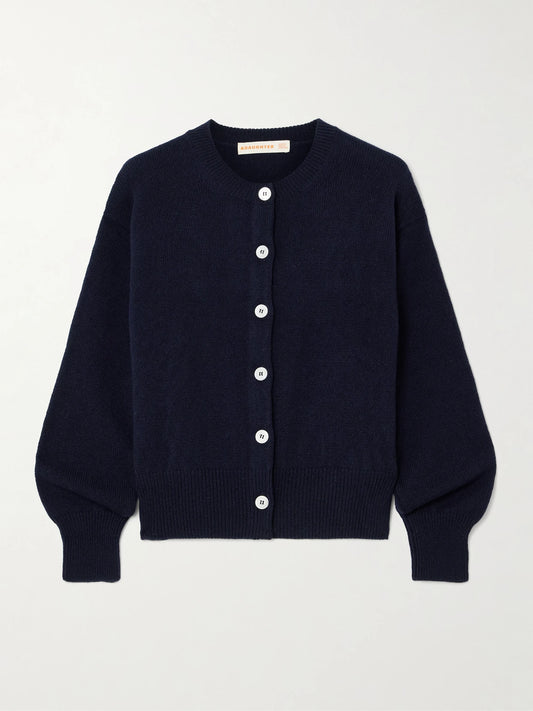 Image of a model wearing Outerwear. Product name - Ada Wool Cardigan in Navy colour by brand - &Daughter