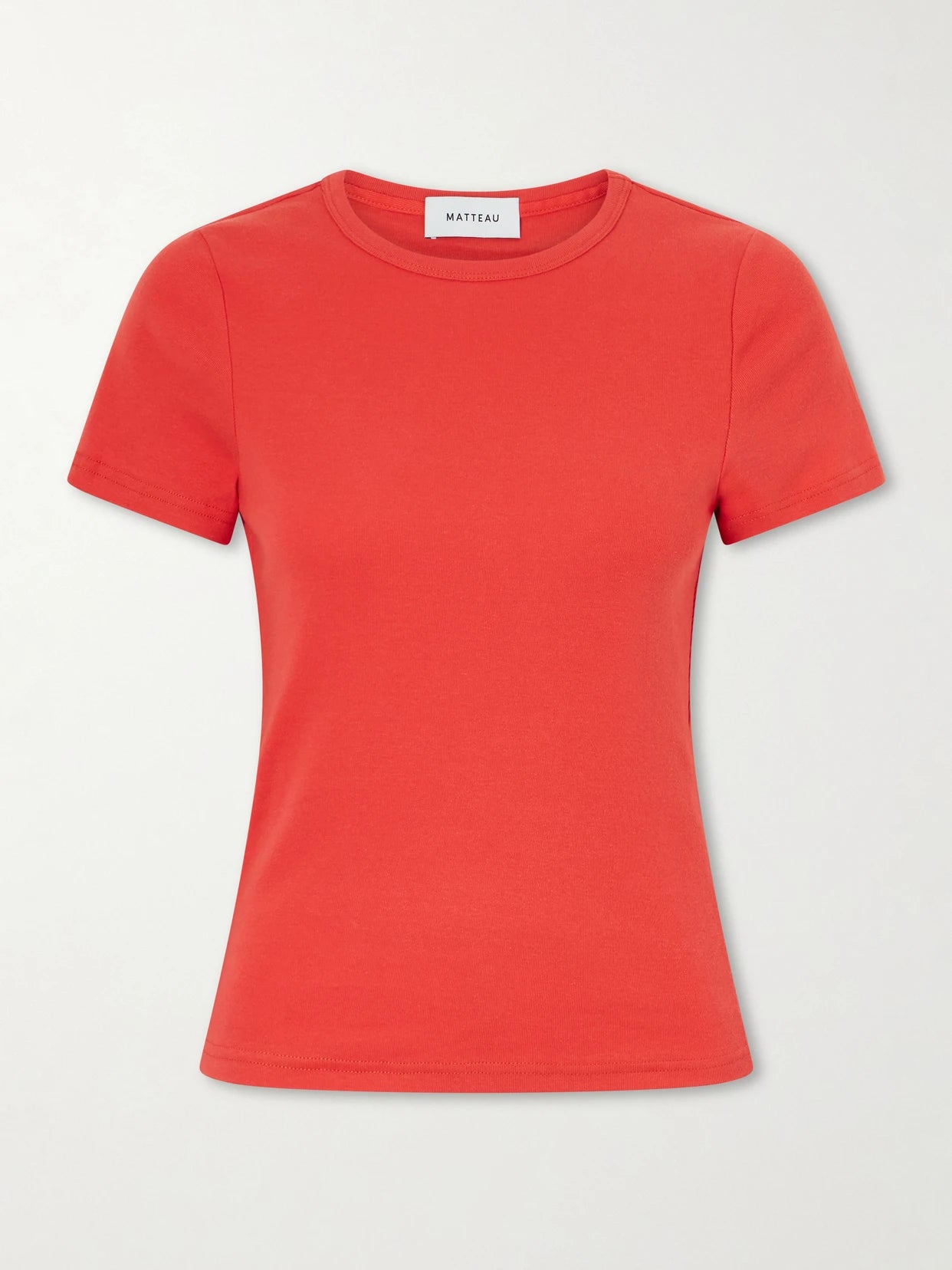 Image of a model wearing Tops. Product name - Baby Tee Cotton Shirt in Red colour by brand - Matteau