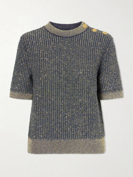 Image of a model wearing Outerwear. Product name - Embellished Tweed Sweater in Multi colour by brand - Balmain