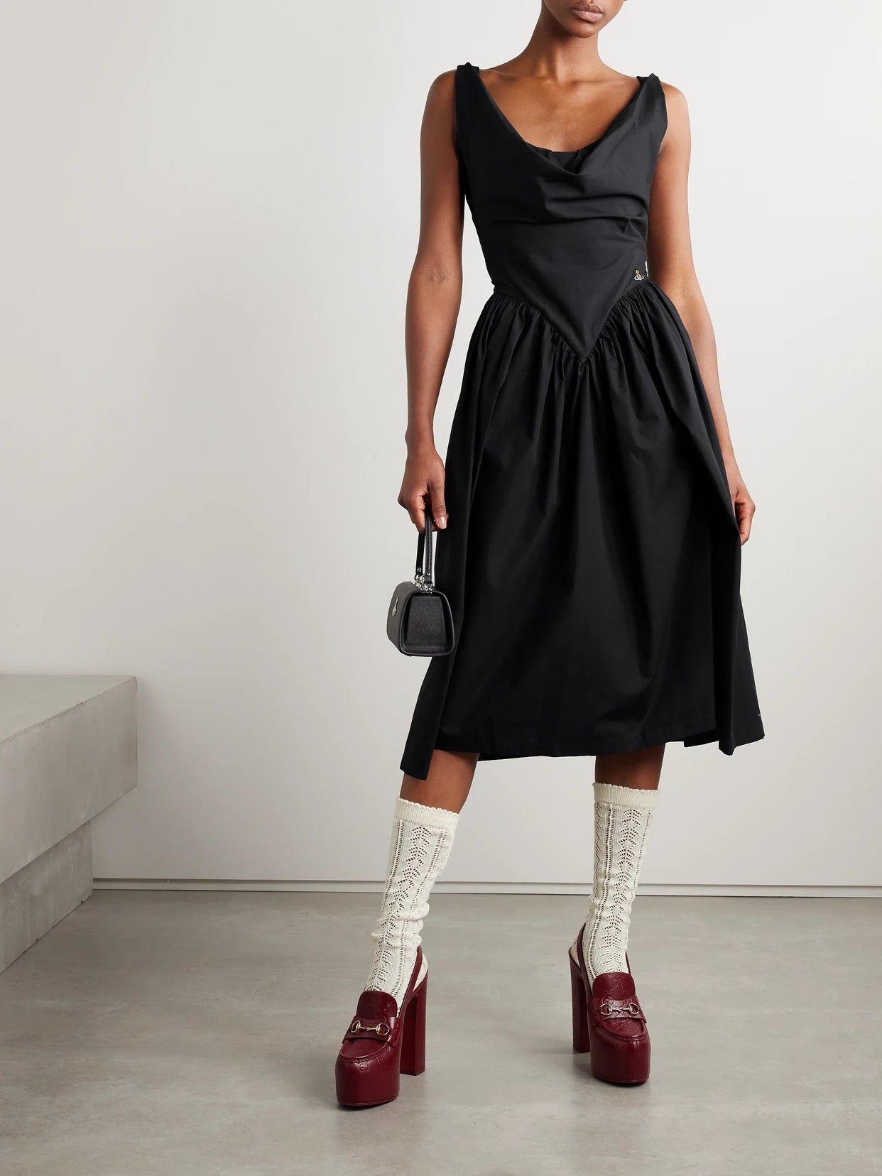Image of Dresses. Product name - Sunday Gathered Cotton-poplin Midi Dress in Black colour by brand - Vivienne Westwood