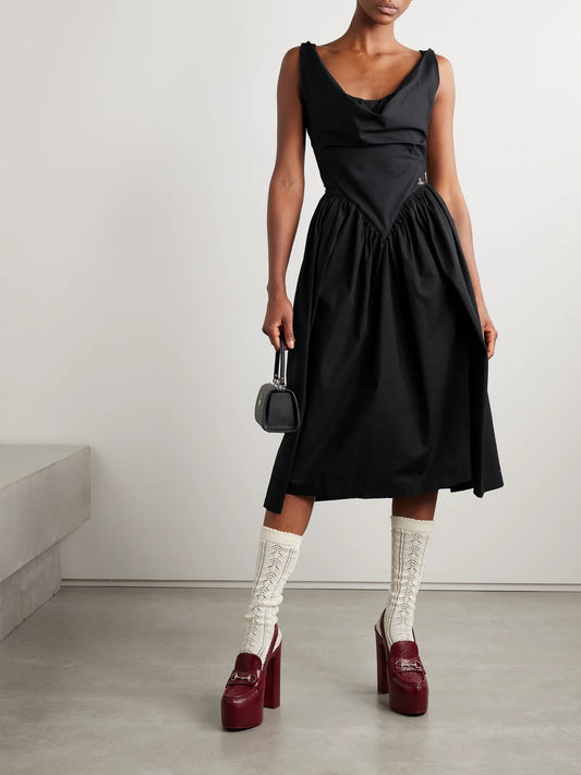 Image of Dresses. Product name - Sunday Gathered Cotton-poplin Midi Dress in Black colour by brand - Vivienne Westwood