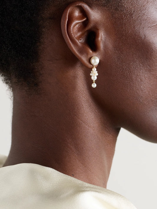 Image of Earrings. Product name - Petite Tulip 14-karat Gold Pearl Earrings in Silver colour by brand - Sophie Bille Brahe