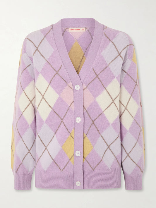 Image of a model wearing Outerwear. Product name - Argyle Wool Cardigan in Lilac colour by brand - &Daughter