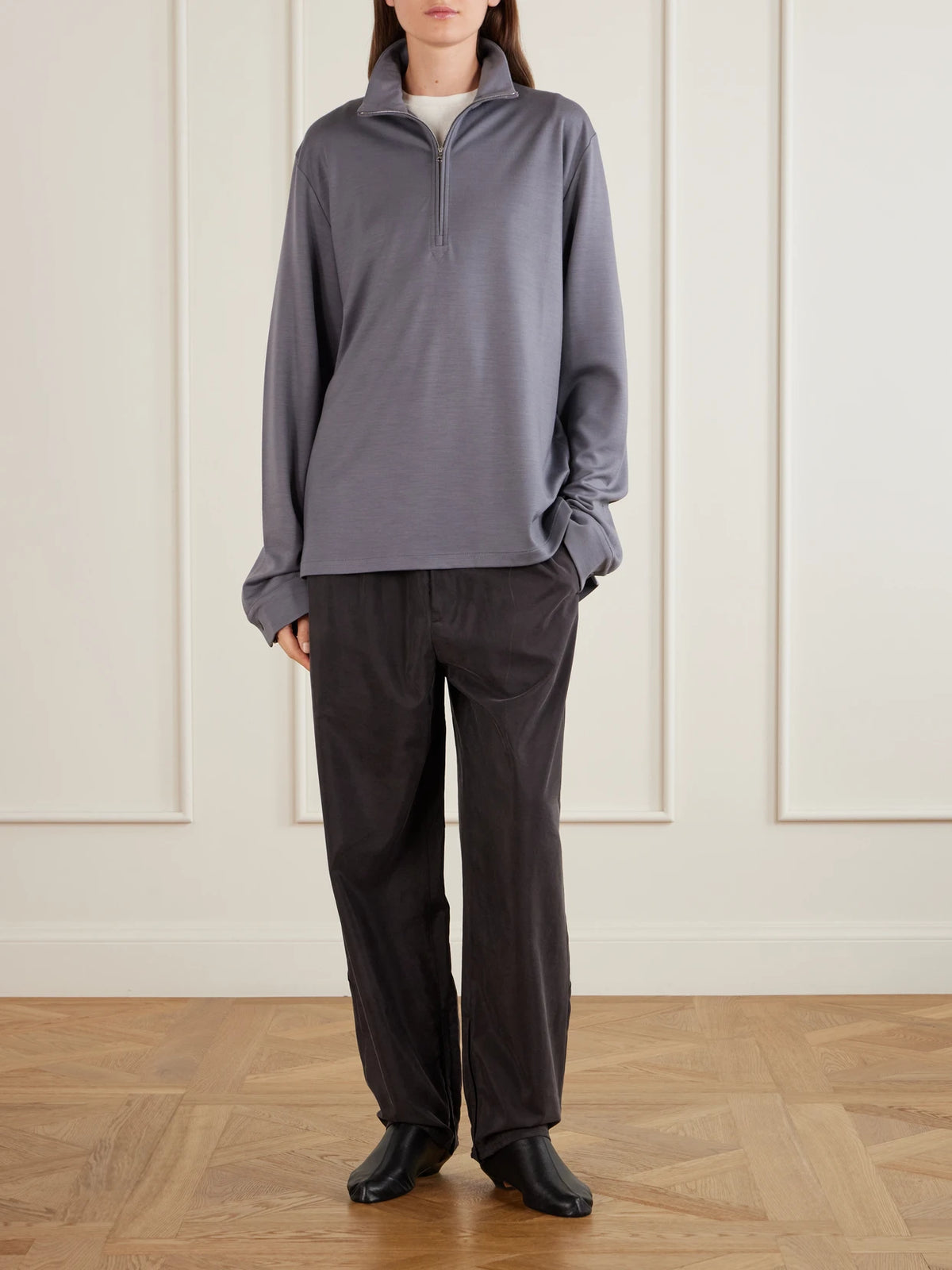 Image of Sleepwear & Loungewear. Product name - Polar Jogging Virgin Wool Half-zip Sweatshirt in Gray colour by brand - RIER
