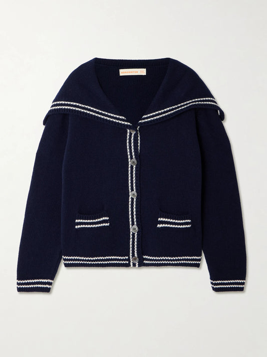 Image of a model wearing Outerwear. Product name - Saoirse Sailor Striped Wool Cardigan in Navy colour by brand - &Daughter