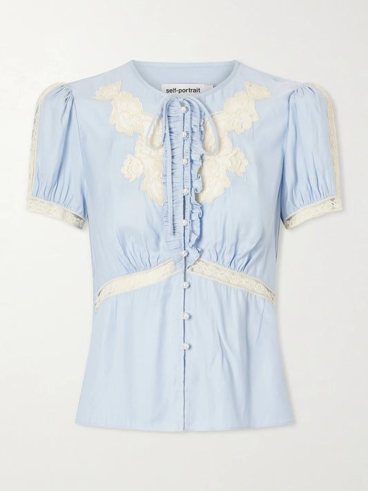 Image of a model wearing Tops. Product name - Ruffled Lace-trimmed Satin Blouse in Blue colour by brand - Self-Portrait