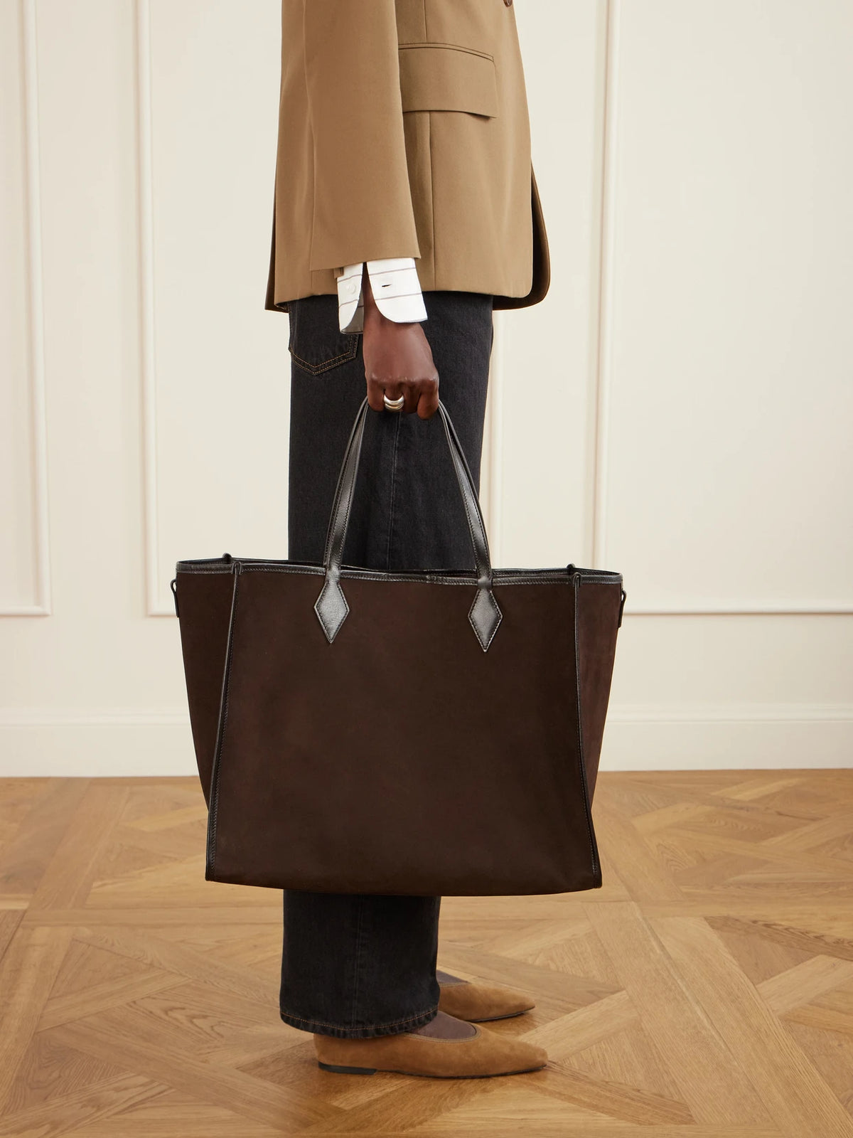 Image of Bags. Product name - Chameleon 41 Large Leather-trimmed Nubuck Tote in Brown colour by brand - Métier