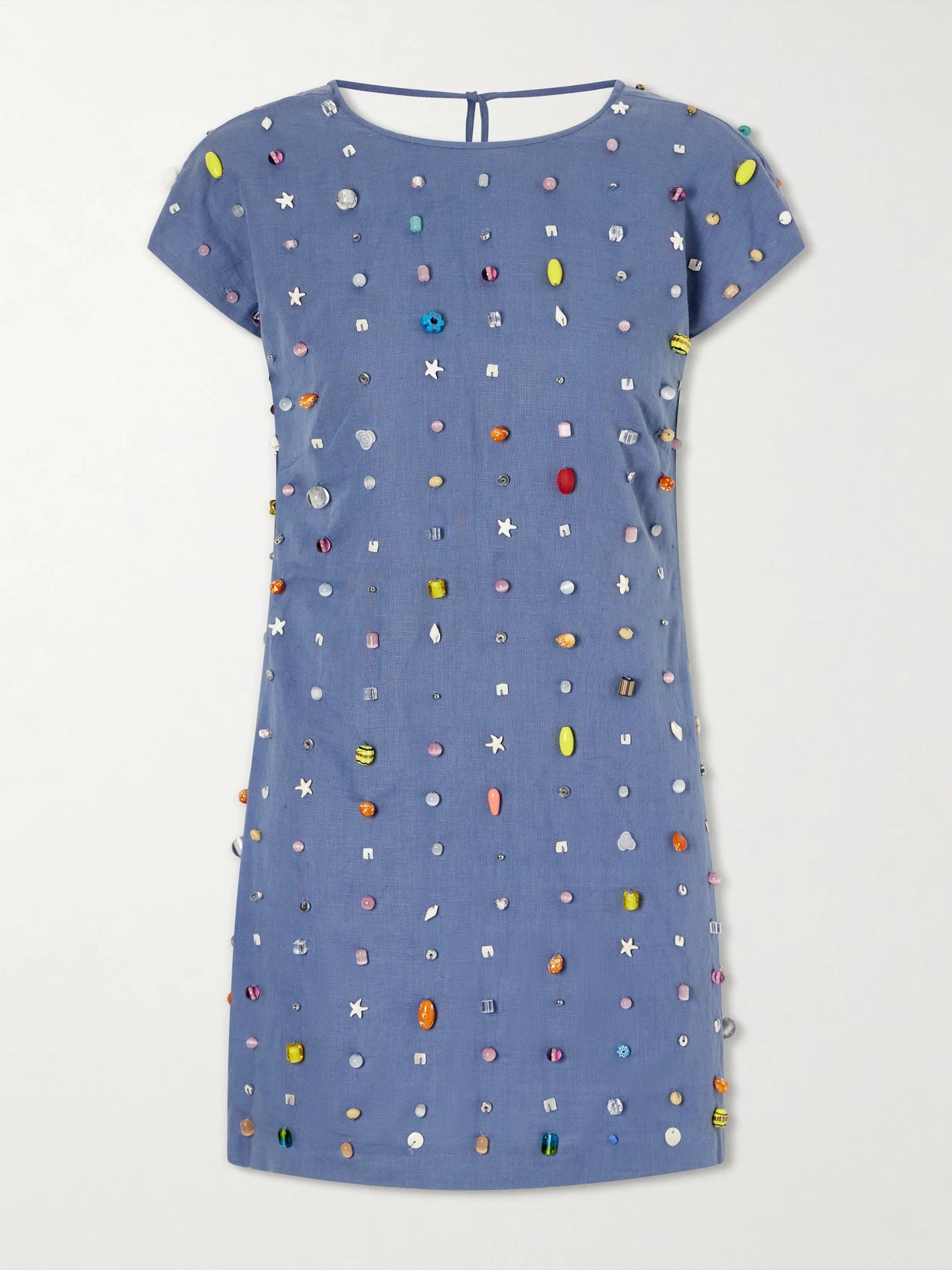 Image of Dresses. Product name - Anne Appliquéd Cotton And Linen-blend Mini Dress in Blue colour by brand - BERNADETTE