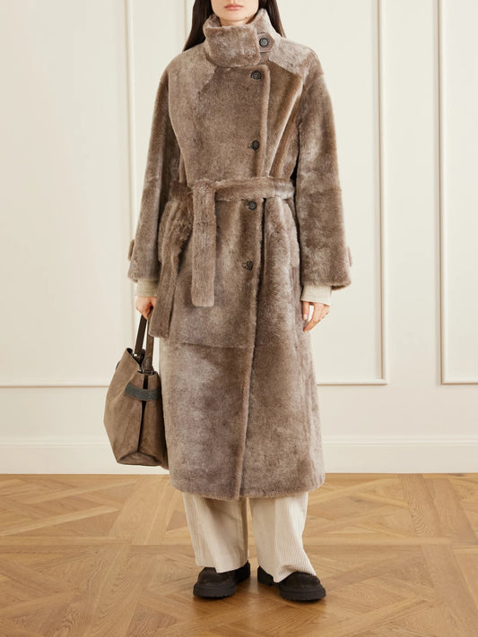 Image of Coats & Jackets. Product name - Belted Shearling Coat in Brown colour by brand - Brunello Cucinelli