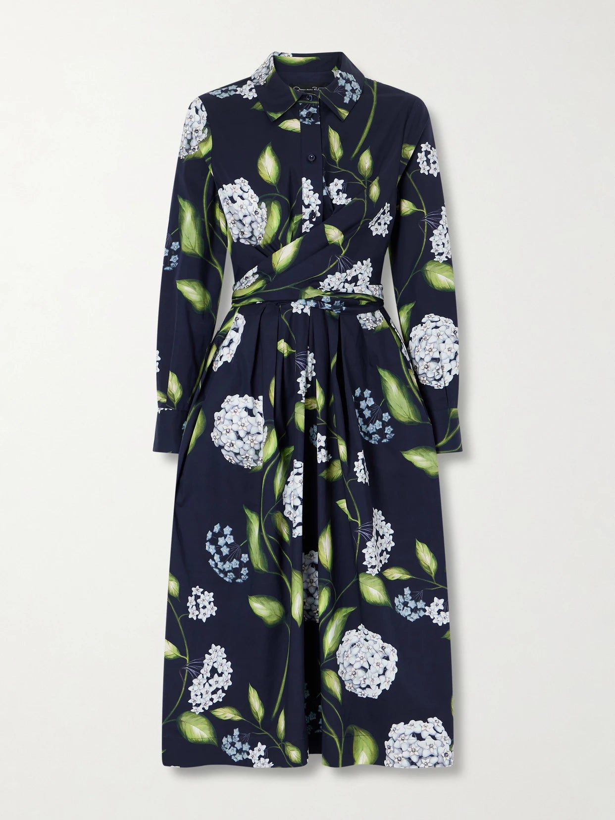 Image of Dresses. Product name - Wrap-effect Floral-print Cotton-blend Poplin Shirt Dress in Navy colour by brand - Oscar de la Renta