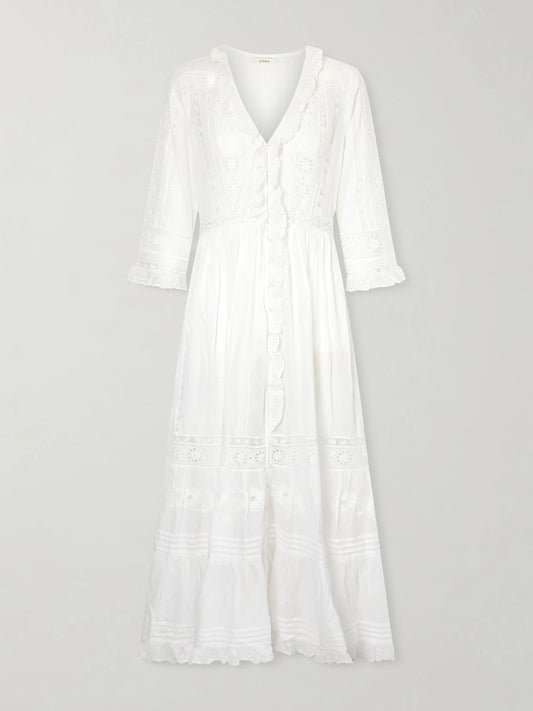 Image of Dresses. Product name - Clemencia Ruffled Lace-trimmed Organic Cotton-voile Midi Dress in White colour by brand - DÔEN