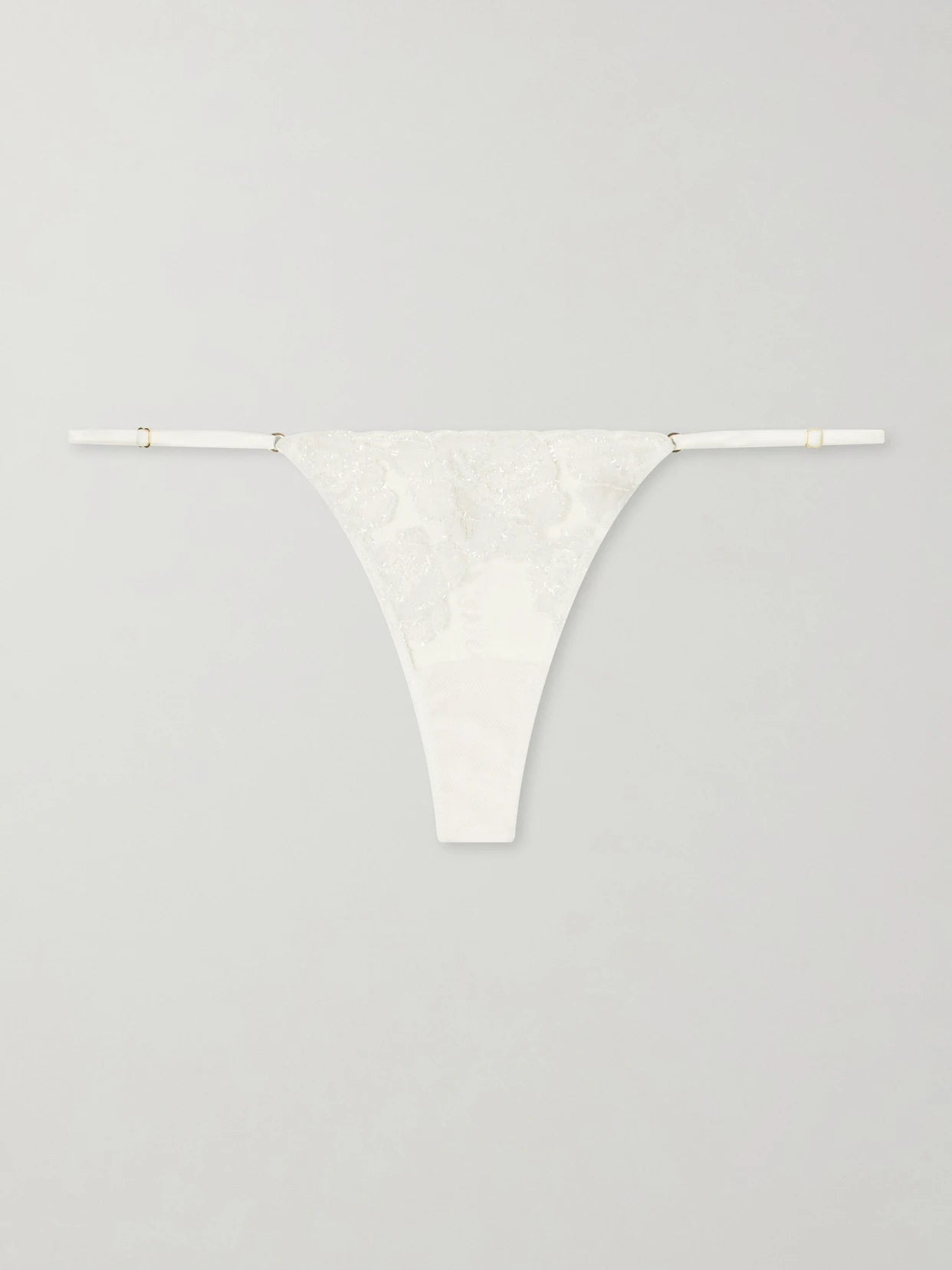 Image of Lingerie. Product name - Fleurs Veloutes Lace-trimmed Mesh Thong in Ivory colour by brand - Kiki de Montparnasse